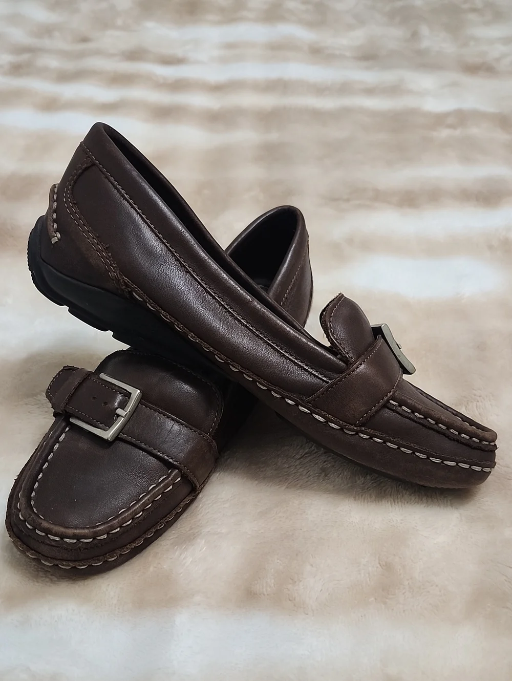 St. John's Bay Women's Classic Brown Leather Slip On Loafers With Buckle